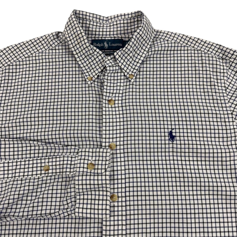 Ralph Lauren Shirt Mens Large White Check‎ Classic Fit Button Down Pony Logo